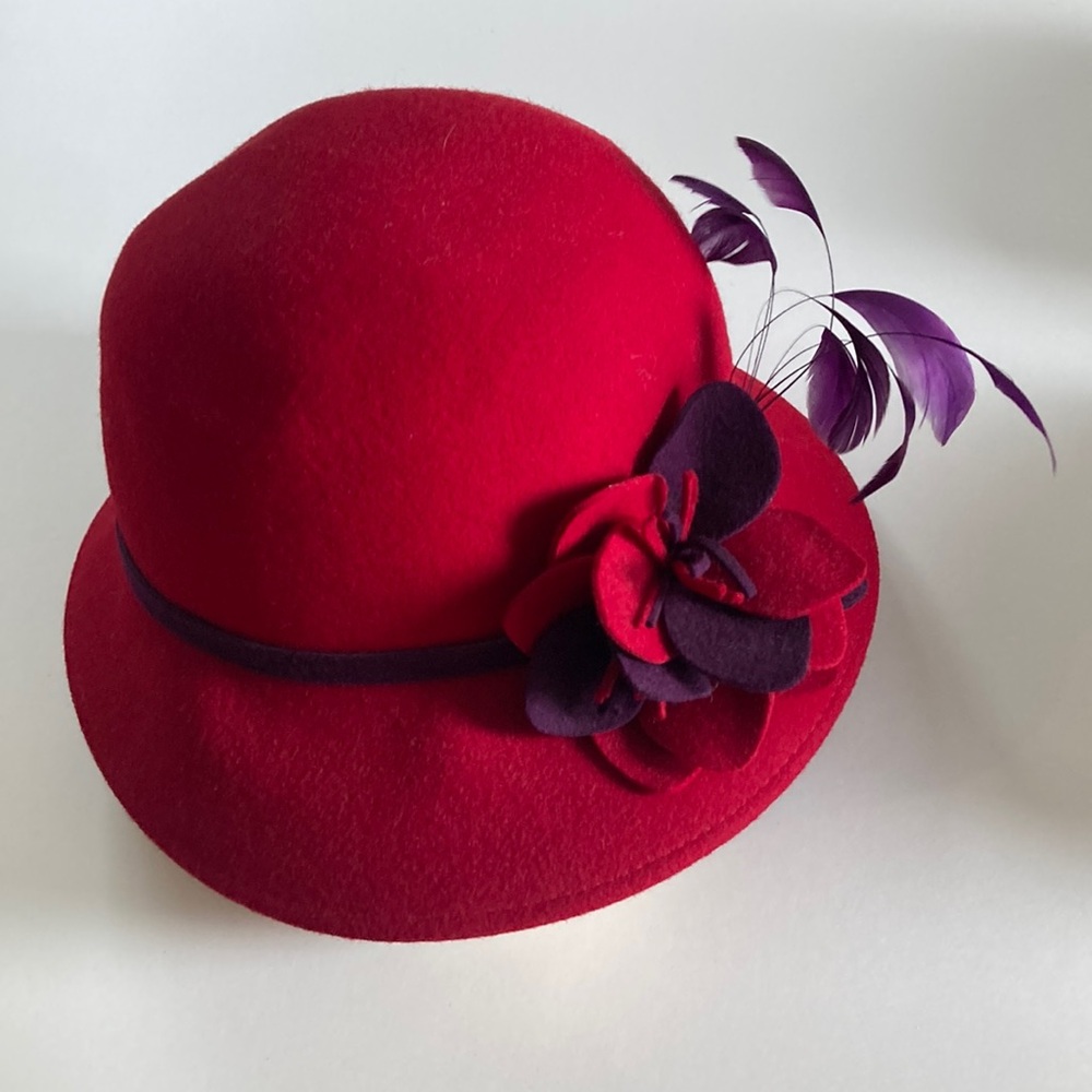 Sophisticated Red and Purple Cloche Hat with Feather Accent Red Hat Society